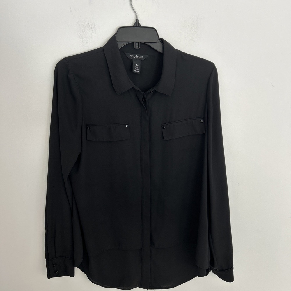 White‎ Black House Market Women's 8 Long Sleeve Button Up Tuxedo Black Blouse